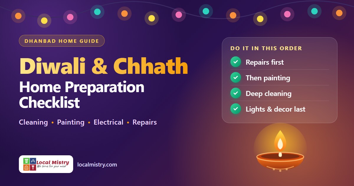 Diwali and Chhath home preparation checklist with a lit diya: repairs first, then painting, deep cleaning, lights and decor last
